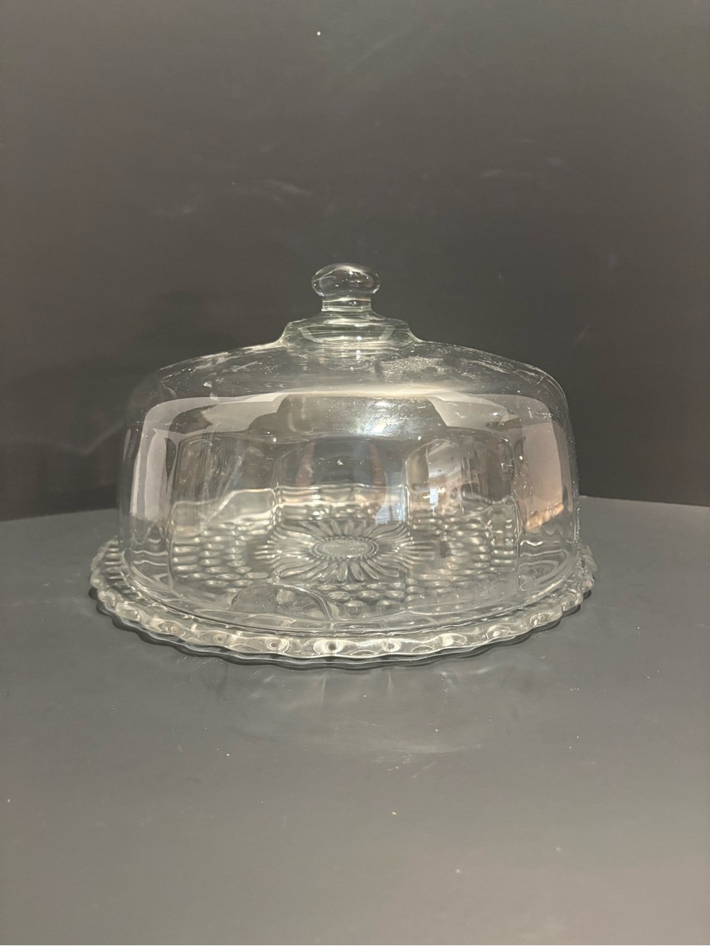 Scalloped Glass Cake Plate with Dome Clear Vintage Footed 11"